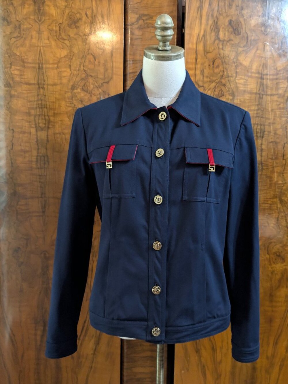 St John Sport Blue Knit Military Jacket S Gold Crest Buttons Red Accent Vintage